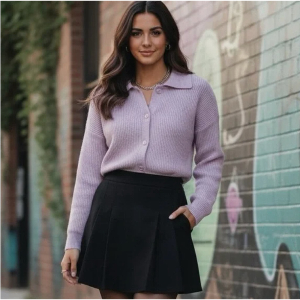 Icone Par Simons Mauve Ribbed Collared Button Front Cardigan Size S
